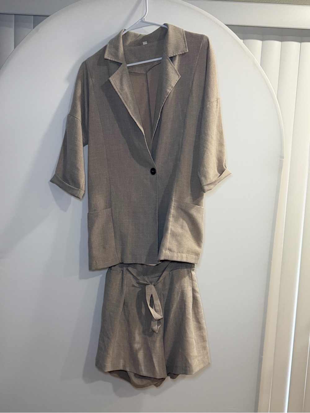 Shein Light Taupe Linen-Blend Short Set - Single Button Jacket & Tie Shorts